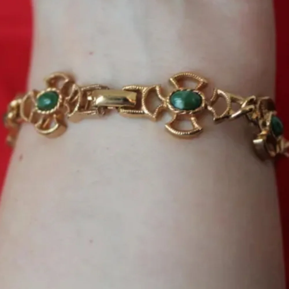 Vintage Avon 1973 Green Stone Faux Jade Bracelet, Baroness Cross